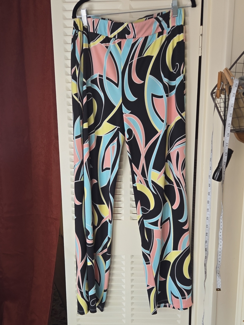Passport Black Wide-Leg Pants with Pink, Blue & Yellow Abstract Print
